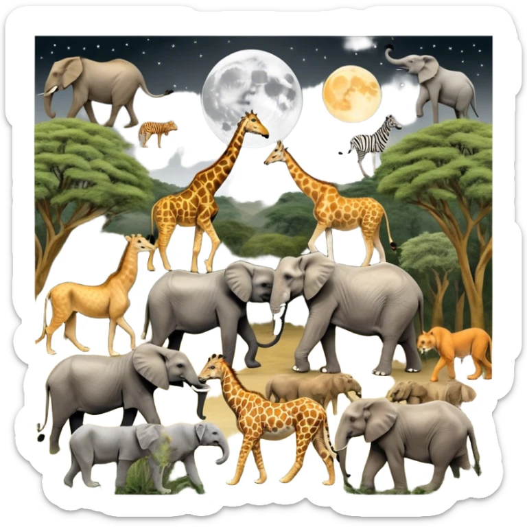 Collage of wild animals like lions, elephants, tigers, giraffes, and wolves in their natural habitats. Lions roam the savannah, elephants walk through forests, tigers crouch in the jungle, giraffes nibble trees, and wolves howl under the moon. Vibrant, nature-filled background. sticker