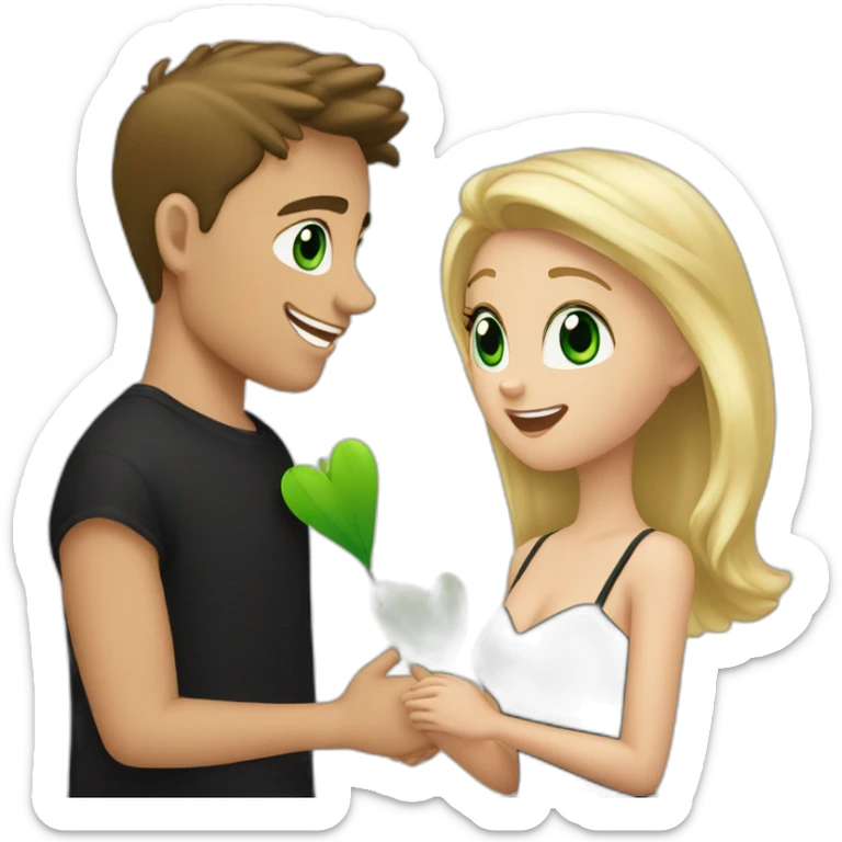 Brunette boy proposing to a blonde girl with green eyes and in black mini dress sticker