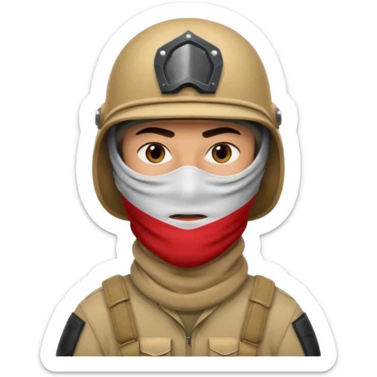 
an Iraqi soldier with a serious face, wearing a helmet and a balaclava covering his mouth sticker