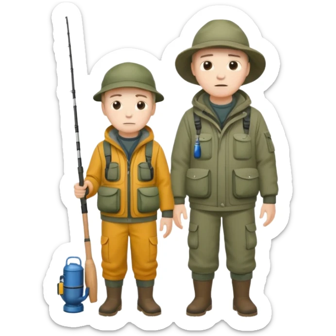 Father and son in fishing gear gesturing that they are cold, full body sticker