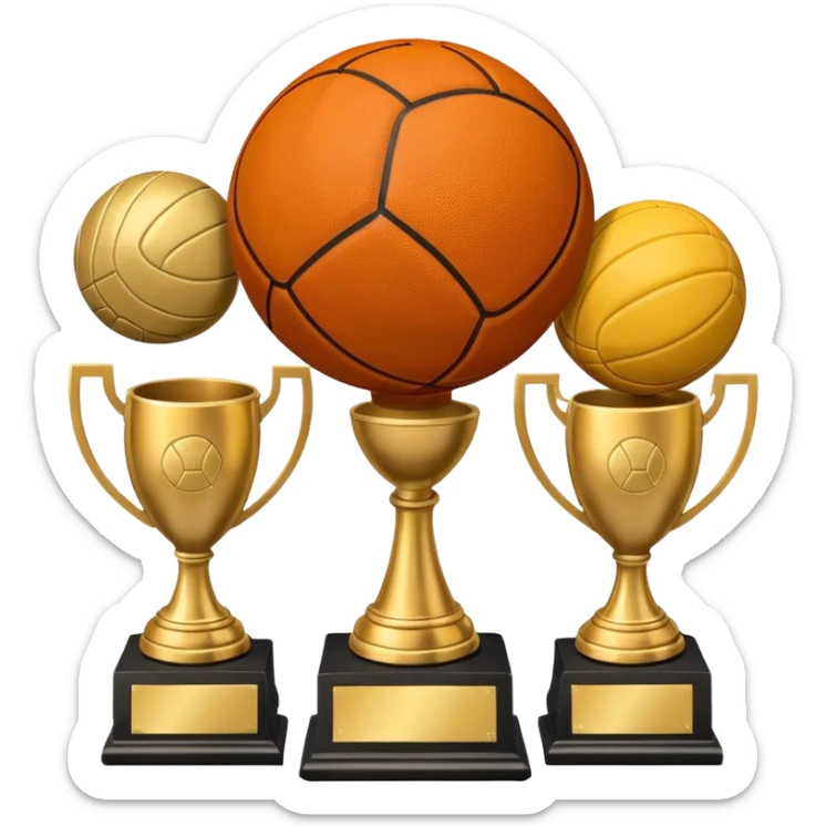a basketball, soccer ball, volleyball, and a football all mixed with one trophy sticker