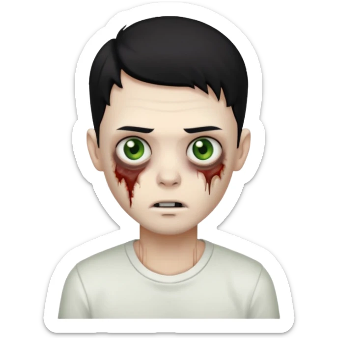 um garoto zombie de cabelo preto, com olhos castanhos esverdeados de camisa branca. sticker