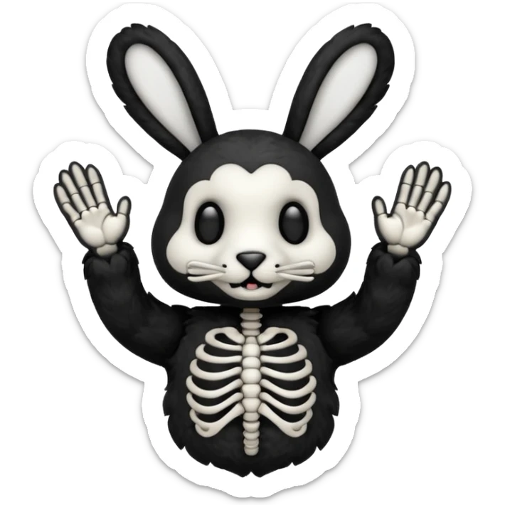 Emoji tête de peluche Lapin squelette noire qui fait bonjour de la main  sticker