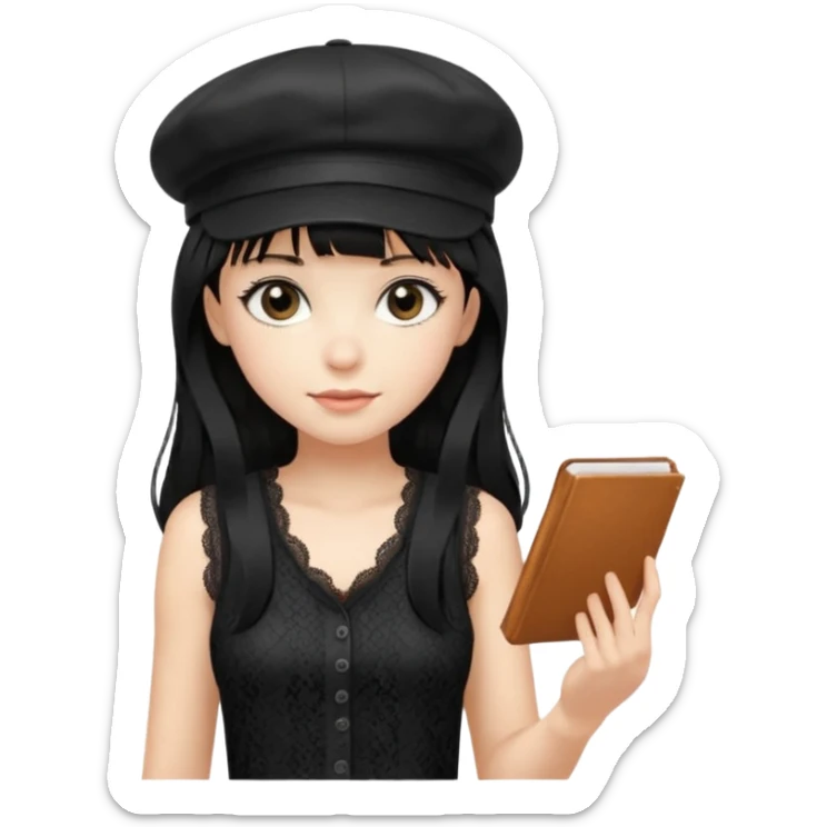 pinterst girl with heavy bang, black long hair and black color newsboy cap on her hat, wearing black color lace sleeveless  sticker