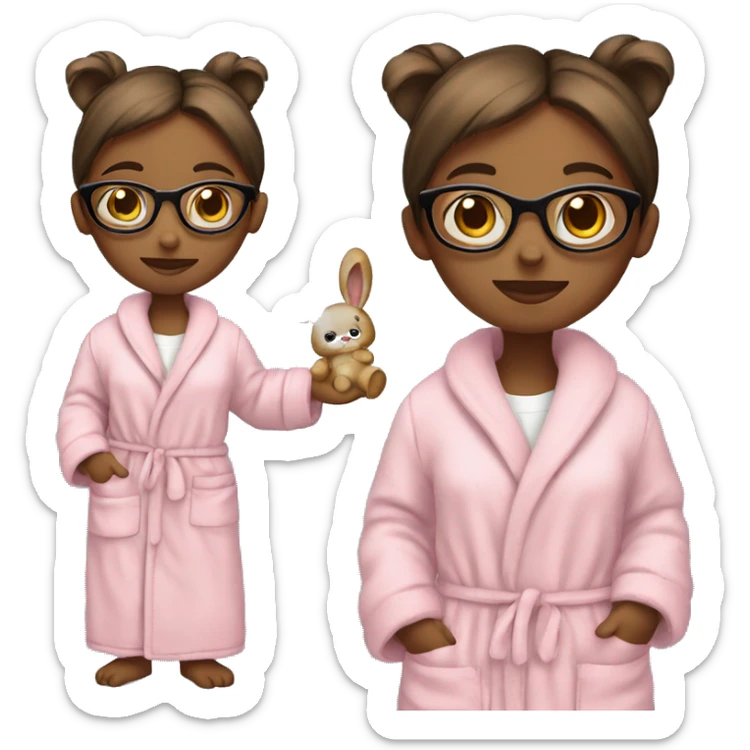 girl with glasses holding a teddy bear that’s wearing a bunny dressing gown  sticker