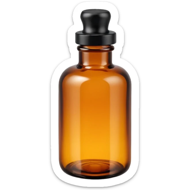 small amber glass bottle with narrow neck and tightly sealed black or white screw cap, translucent glass with subtle glow, apothecary style, no label, dropper, or extras, soft lighting, subtle shadows, emoji scale sticker