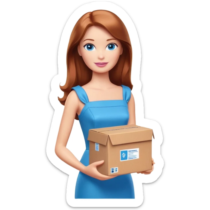 Barbie with blue eyes, shoulder-length reddish-brown hair in a brown dress holds a package box sticker