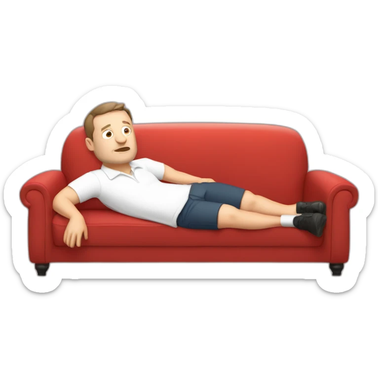 tim robinson very tired laying down on a red couch in a white polo shirt, chest up clean shaven, laying flat across couch sticker