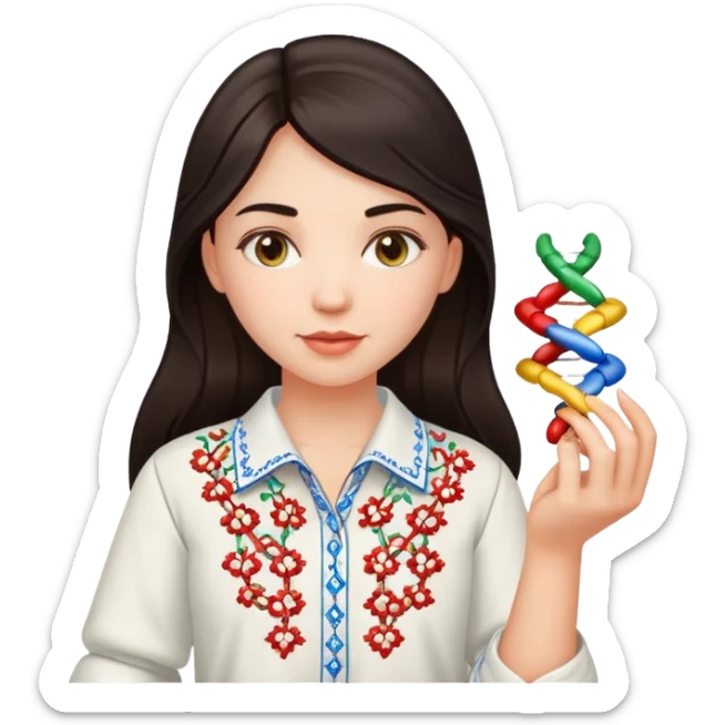 Ukrainian girl with dark hair in an embroidered traditional shirt holds a DNA molecule in her hand sticker