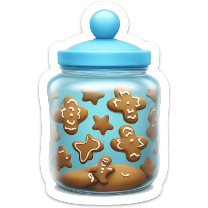 Realistic glass cookie jar with light blue lid full of gingerbread cookies isolated.  sticker