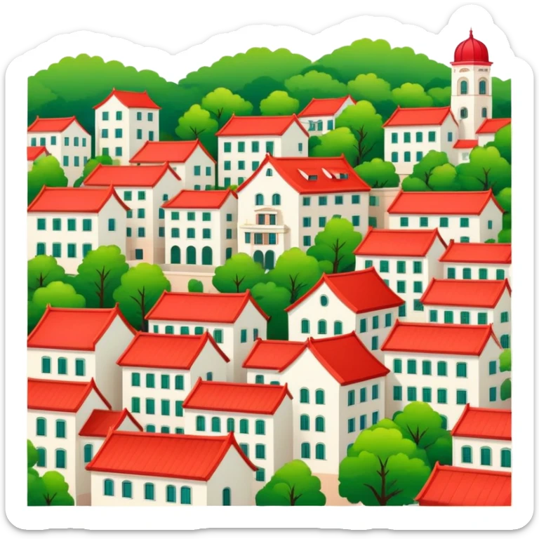 Qingdao European style buildings in Badaguan area with red roof and green trees, simplified emoji style with bold outlines and bright colors, cartoon style German architecture sticker