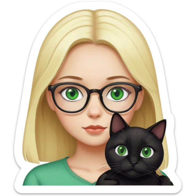 Blonde girl with glasses holding a black cat with green eyes  sticker