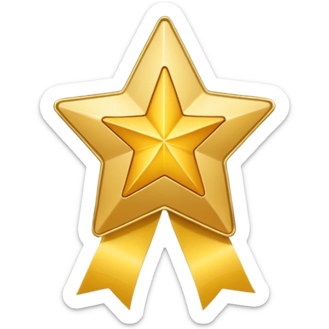 Create a gold star badge emoji in Apple emoji style with a ribbon attached to the badge. Keep the background transparent. sticker