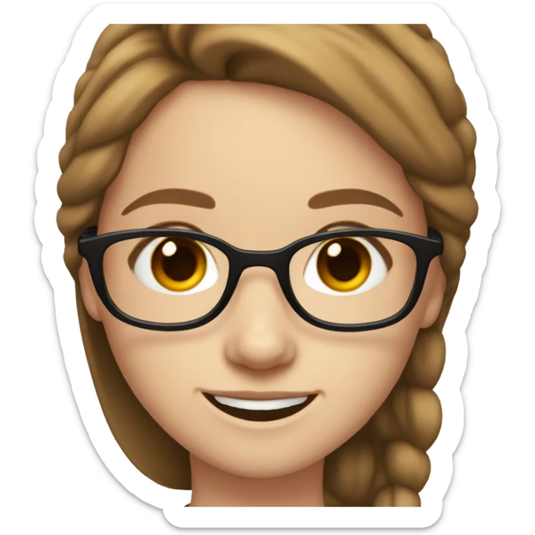 white girl with brown hair, brown eyes, with glasses, smiling and blinking sticker