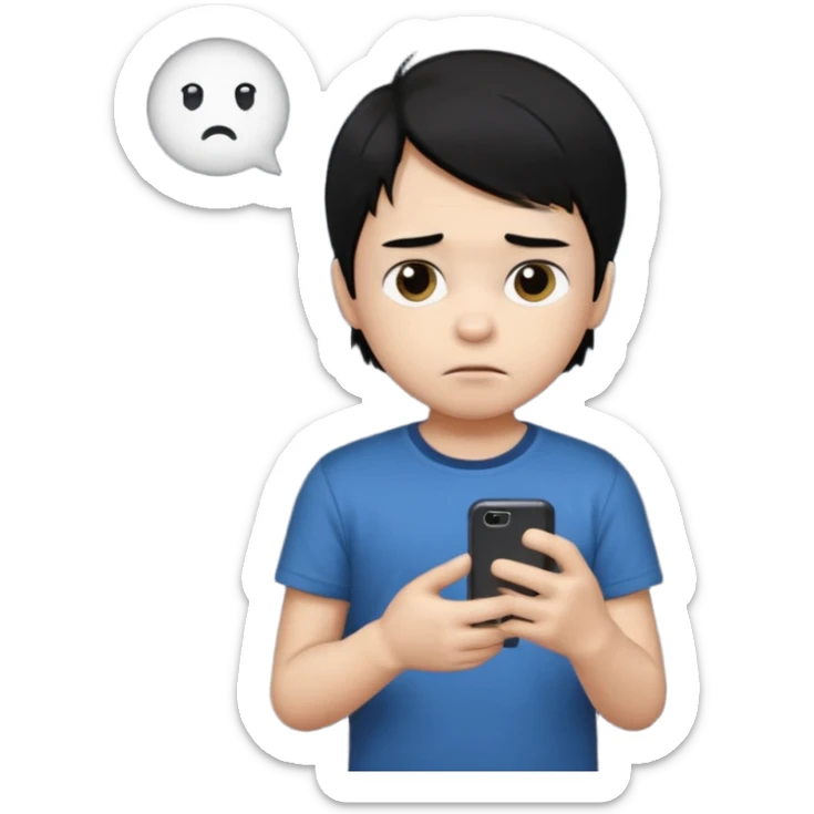 un niño de entre 3 - 10 años jugando con su celular, cansado en una habitacion apagada, el niño tiene piel blanca y cabello negro (hombre)

 sticker