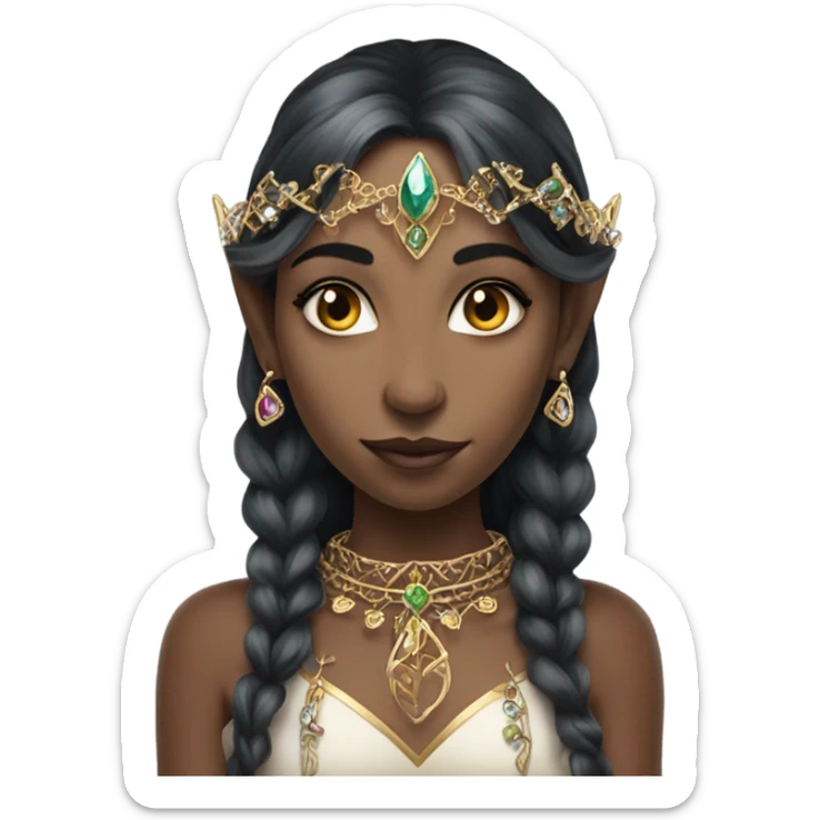 european elf princess with pointy ears, dark hair with jewellery,  sticker
