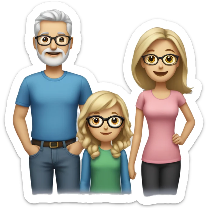 family photo of mom with gray hair and glasses, dad with blonde hair, blonde beard and glasses, daughter with brown hair, daughter with brown hair sticker