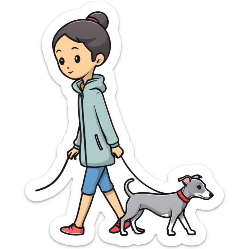 Asian girl walking an all grey Italian greyhound with no white nose, completely grey dog sticker