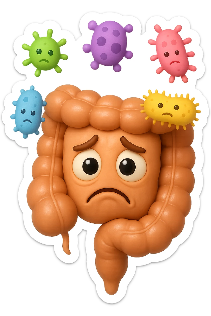 EMOJI STILE IPHONE 3D DI INTESTINO 3D CON ESPRESSIONE TRISTE  IN VOLTO MENTRE SOPRA LUI FLUTTUANO BATTERI, FAGLI ANCHE LA PARTE BIANCA DEGLI OCCHI, NON SOLO LA PUPILLA sticker