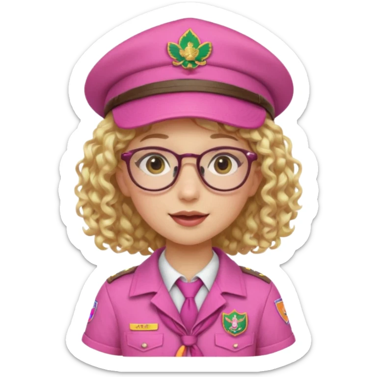 scout girl with pink scout uniform including hat, blonde curly haired and glassess sticker