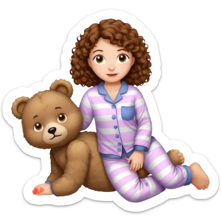 Grown up Woman with brown eyes, brown curly hair, white skin, full body in cute pijama bear sticker