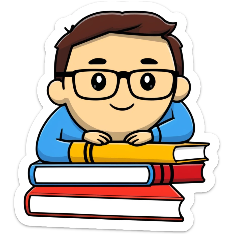 cartoon sticker of an intellectual person with glasses and a stack of books sticker
