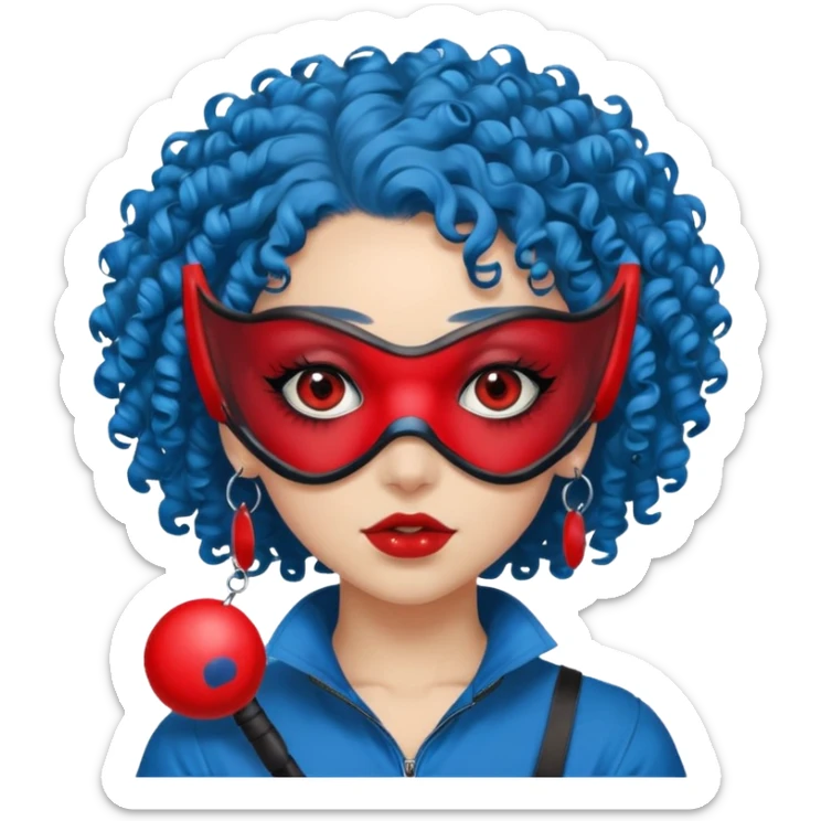 blue curly haired girl with huge earrings, wearing red paintball eye mask, sticker