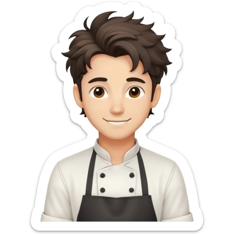 Attractive chef boyfriend with messy dark apron, tousled hair, playful smile, romantic sticker