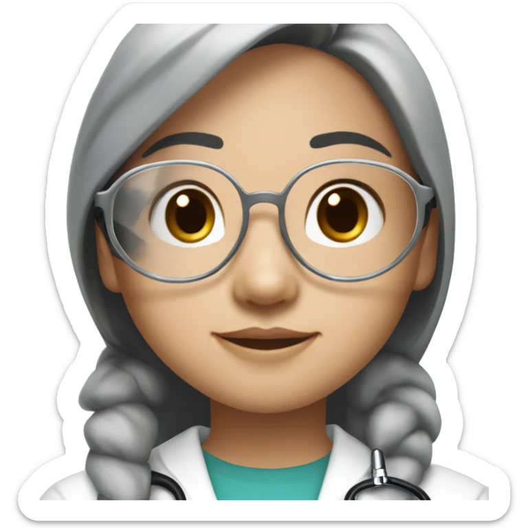 Asian girl, with white skin tone, black hair, wearing silver round harry potter glasses and a white scrub and a stethoscope  sticker