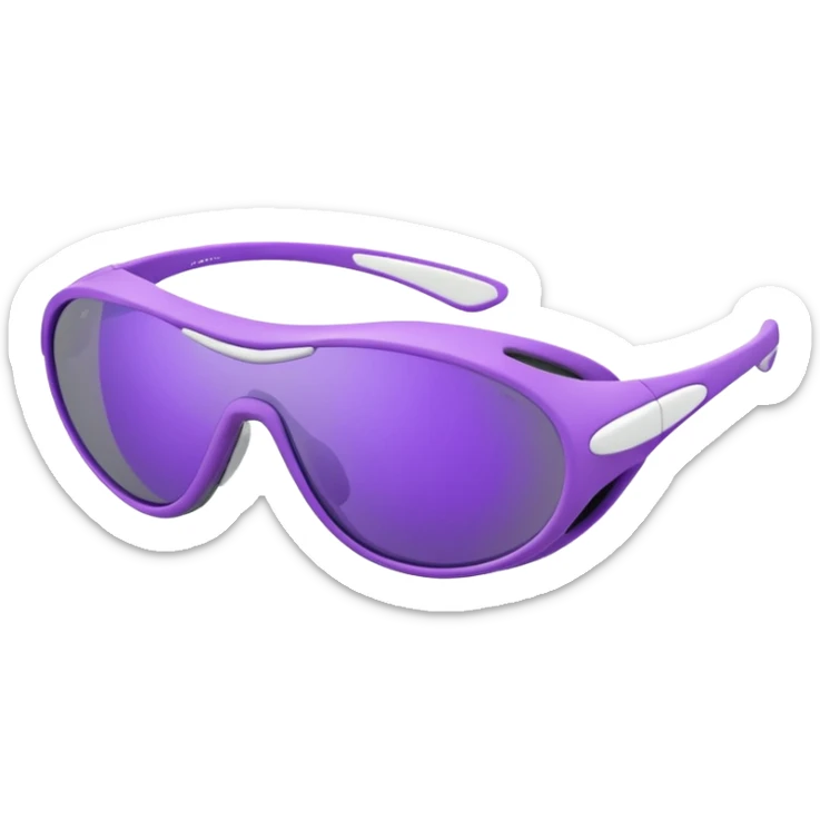 3D render of futuristic sports sunglasses, oval purple tinted lenses, white glossy frame, large gray ventilated nose guard, detailed reflections, realistic materials, high detail, isolated on transparent background, 4K resolution sticker