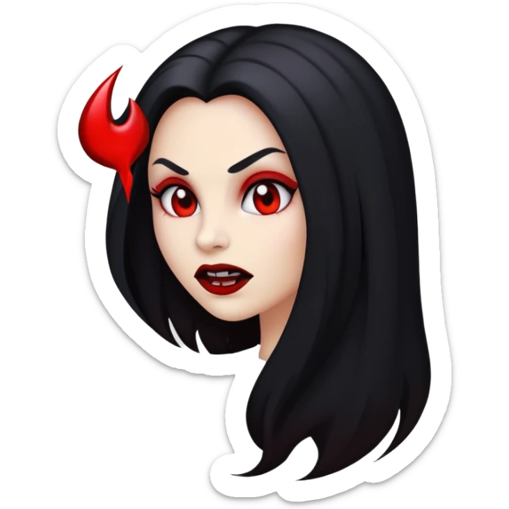 Uma foto de perfil de um emoji de vampira com cabelo preto, pele branca mas nem tanto, presa de vampiro e sangue sticker