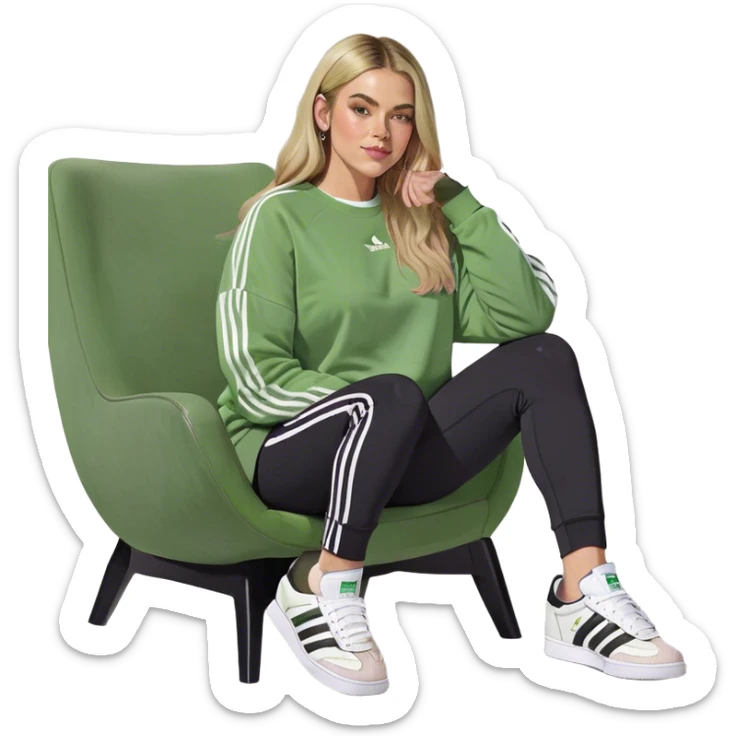 Girl long bright blonde highlighted hair middle part with rosy cheeks and plump mauve lips green eyes and wearing a white sweatshirt and black leggings with black and white adidas OG Samba sneakers sitting in a cozy chair posing with legs over the side of chair  sticker