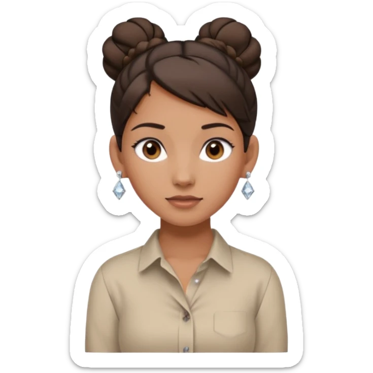 generate a pretty bratz girl with dark brown eyes. Dark brown hair tied in a single bun, tight beige button up shirt with top shirt open. diamond studs in ears. airpods in ear sticker
