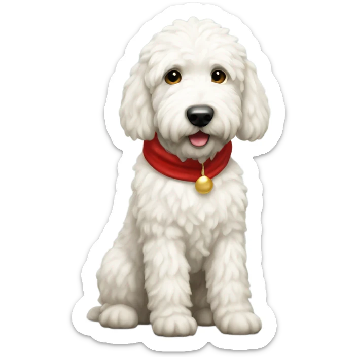 A white golden doodle with a skinny face wearing a Santa outfit  sticker
