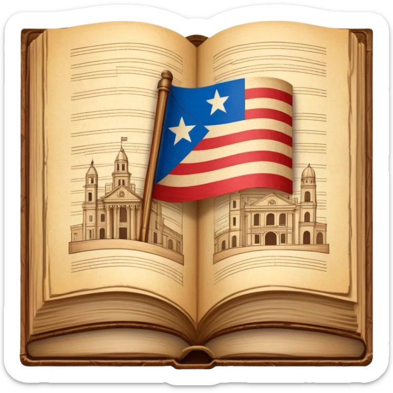Open vintage book showing detailed stage design sketches, blueprints of theatrical sets, Puerto Rican flag elements woven into the designs, wooden borders, emanating a golden timeless glow sticker