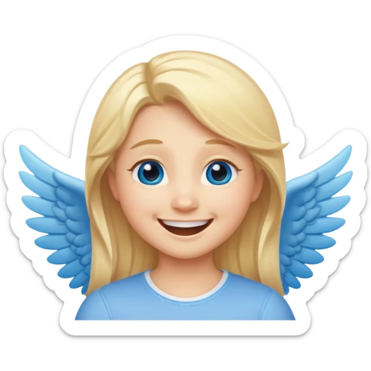 angel emoji blonde hair, blue eyes and smiling, larger wings with darker outline on them and bigger smile and more smiley eyes laughing sticker