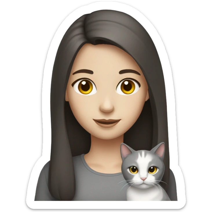 A girl with dark brown hair and white skin loves  a gray cats  sticker