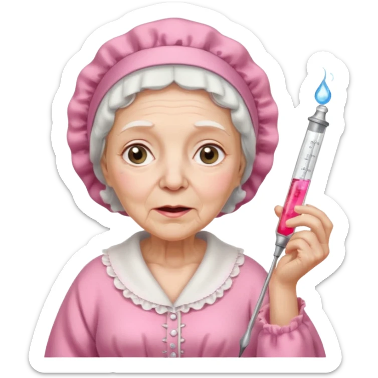 sick old woman with glass thermometer on her mouth pink night gown, pink bonnet on her head sticker