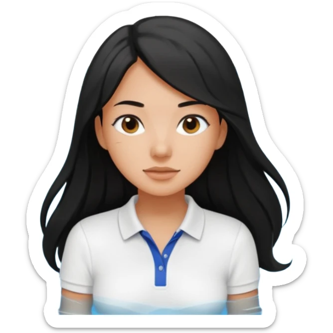 Tan girl with long black hair in pool while wearing white polo shirt sticker