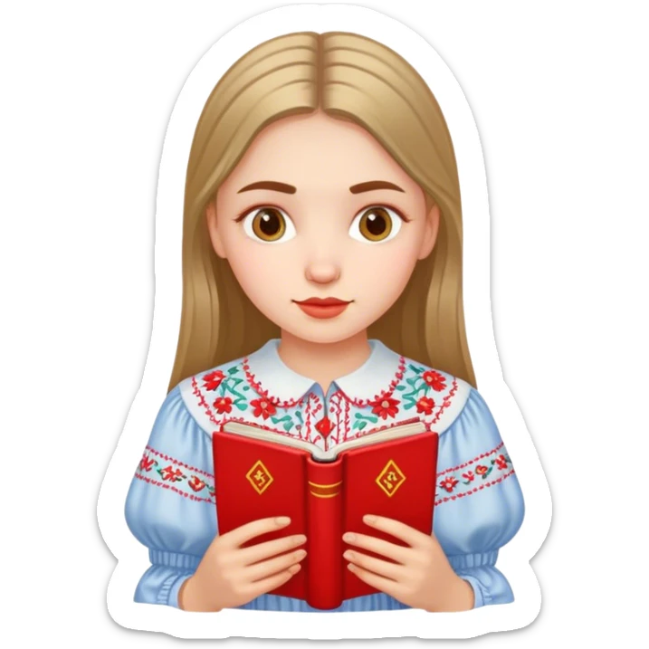 A Ukrainian girl in an embroidered shirt reads a red book sticker