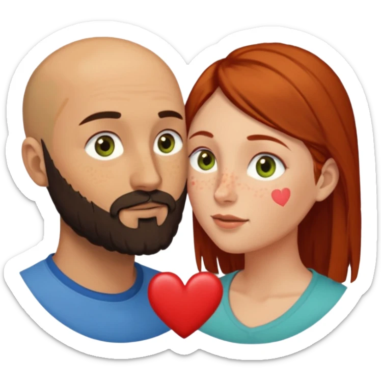 Couple. Bald man with dark brown-black beard. Woman with many small, faded, round freckles, white skin and she has auburn-yellow-brown dark hair. She has light yellow-brown-green eyes. He have hazel-blue eyes. They look at each other. Many small red hearts around them. sticker