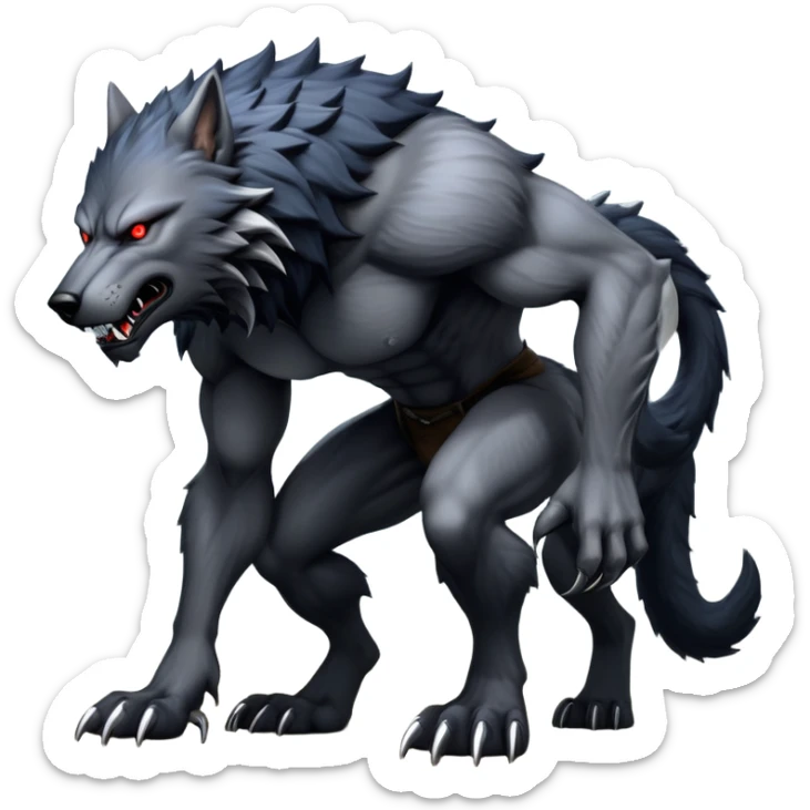 cinematic-noble-fierce-werewolf-full body on all fours-emoji, poised-and-imposing, with a tall, lean, and muscular wolfish frame inspired by the brutal, imposing shape of the beast from Berserk, fur rippling in shades of midnight black and silver, massive paws with razor-sharp claws, elongated limbs and fangs, eyes glowing with an intense, primal ferocity, reflecting the untamed power of the wild moonlit night; rendered with realism like a wolf hunched over battle ready pose ready to attack sticker