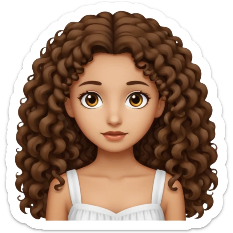 Light tanned skin girl with dark brown very long curly hair, dark eyes, white dress  sticker