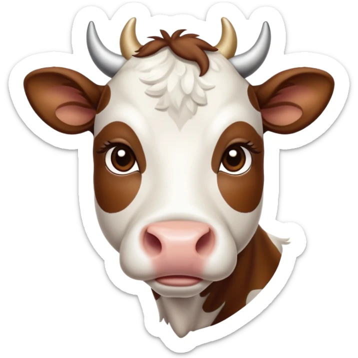 cinematic-noble-brown-and-white-cow calf-portrait-emoji,-poised-and-regal,-with-a-large,-sturdy-build-and-a-beautifully-patterned-hide-of-rich-brown-accented-by-crisp-white-patches,-deep-set-soulful-brown-eyes,-simplified-yet-sharp-and-sophisticated sticker