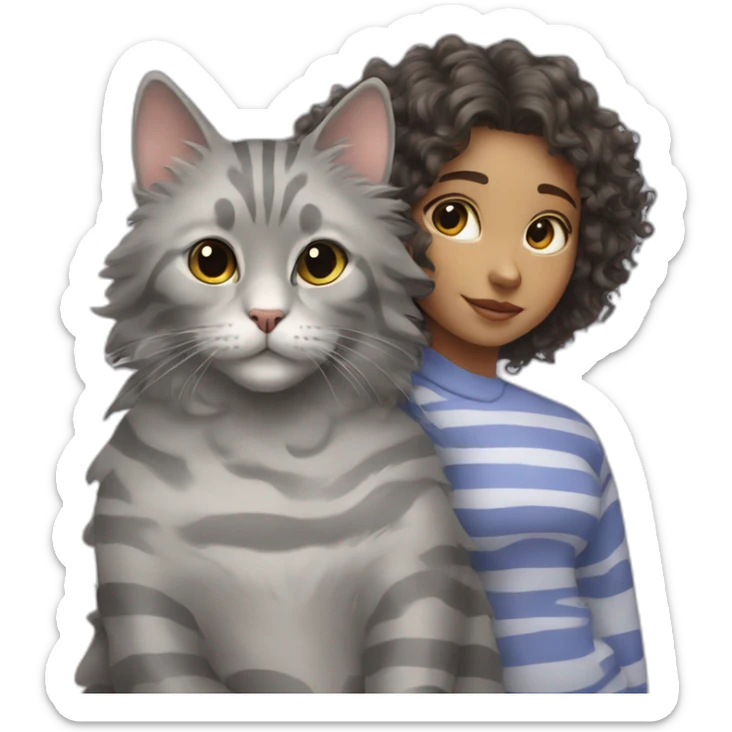 Grey cat with stripes sit near a girl with curly hair sticker