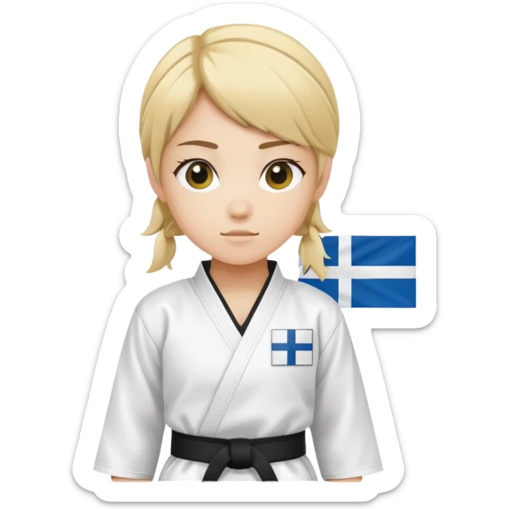 A girl in taekwondo uniform with two yellow strips on the black belt and left chest a finland flag. sticker