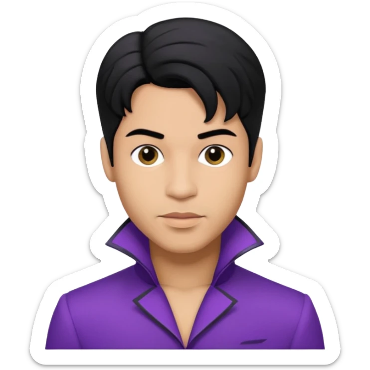 Prince Rogers Nelson with olive skin, black hair, purple outfit sticker