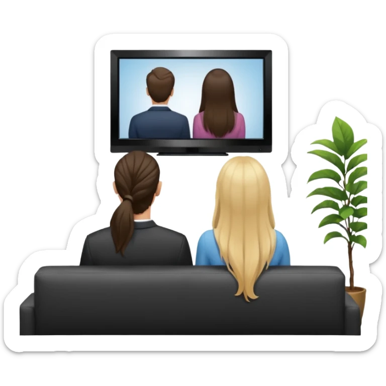 A man and a women long hir  photographed from behind, sitting on a sofa and watching the news on TV on a modern flat screen. The setting is a living room. sticker