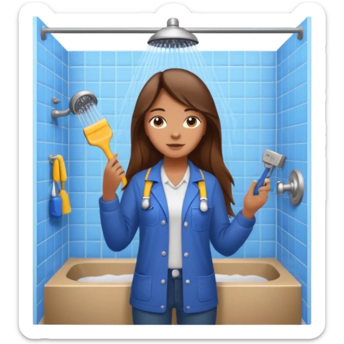 beautiful girl with long brown hair constructing new bathroom area with new shower and amenities  sticker