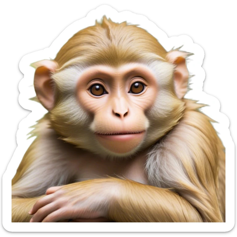 Beautiful and Majestic Cheeky Macaque Portrait Emoji, Head resting in a relaxed, contented smirk with eyes half-closed in a dreamy, playful slumber, showcasing soft, gently ruffled fur and a compact, agile build, Simplified yet exquisitely endearing features, highly detailed, glowing with a soft, radiant light, high shine, serene yet mischievous, stylized with an air of refined playful charm, soft glowing outline, capturing the essence of a beautiful and majestic macaque that embodies both cheeky humor and gentle elegance! sticker